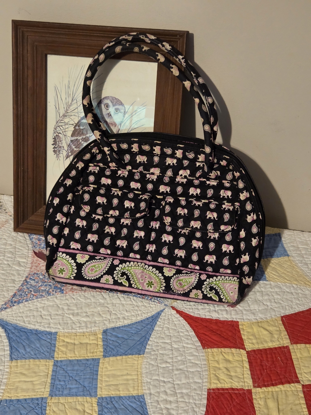 Vintage Retired Vera Bradley Pink & Black Elephant Pattern With Lots Of Pockets